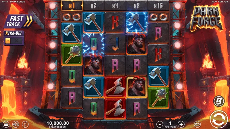 Dark Forge - huvudspelskärmen med ett 4-5-5-5-4 rutnät